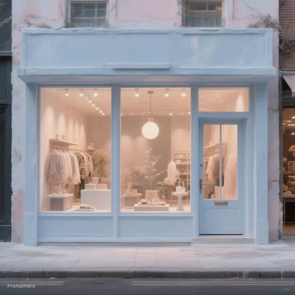 AI generated: illustration, store facade, facade feature clean lines with a sophisticated pastel blue palette, int...