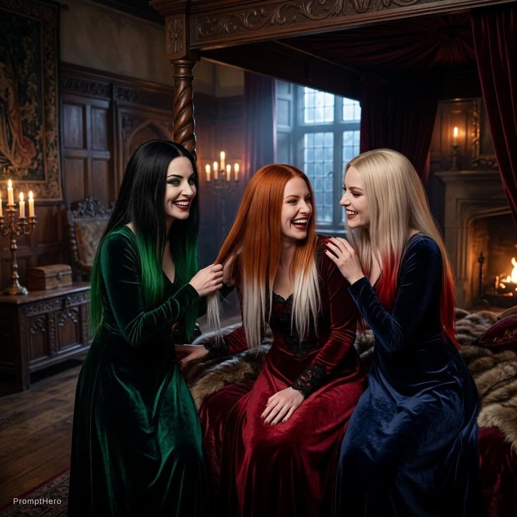 AI generated: Intensely sensual and joyful dark vampire scene in a luxurious medieval bedroom at night, three gorg...