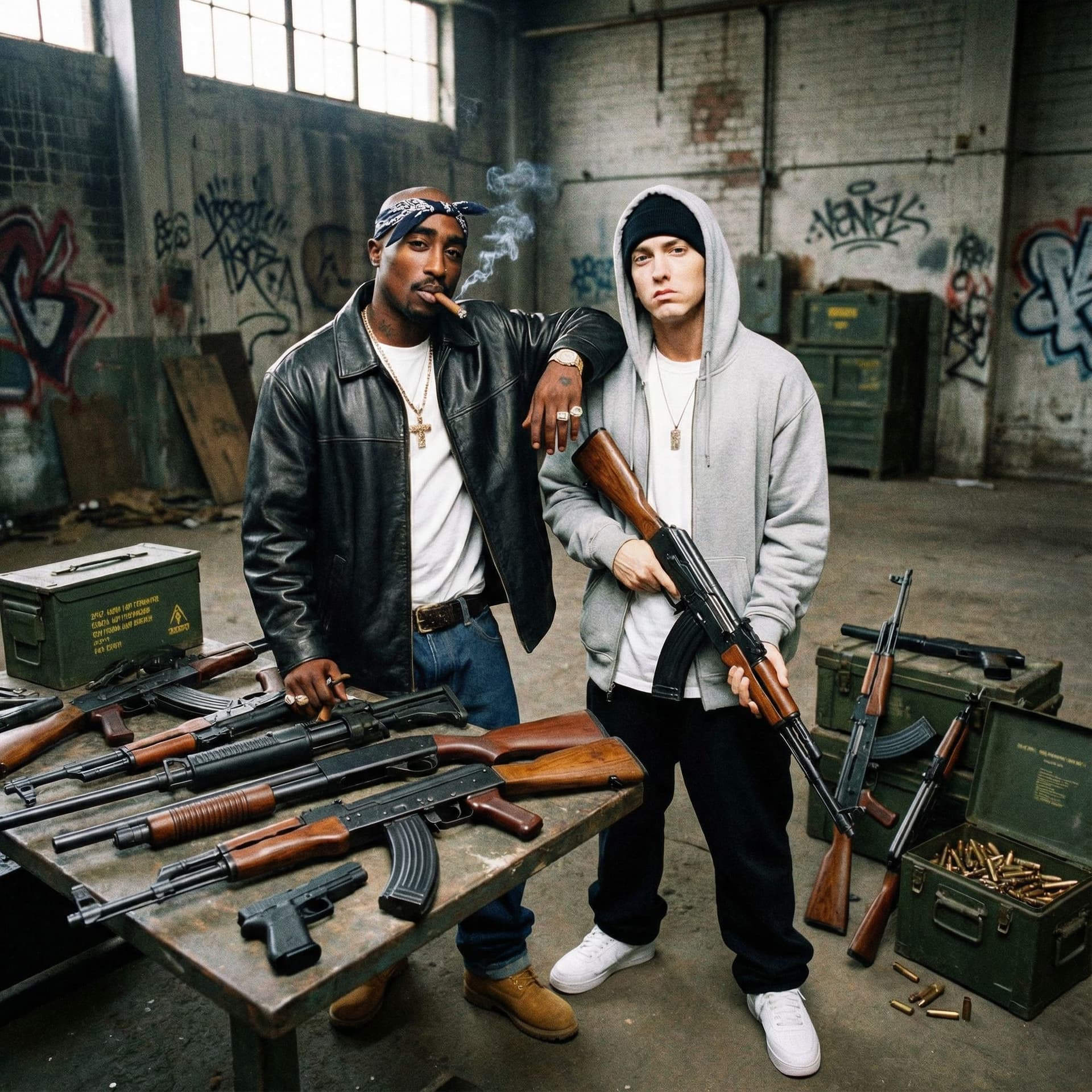 AI generated: 2pac shakur junto a emineim con muchas armas