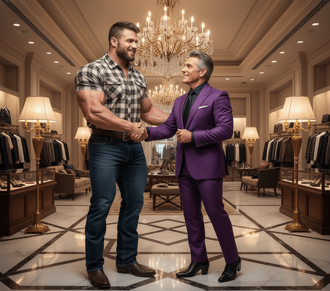 AI generated: At a very luxurious clothing department store. Chandelier and fancy floor lamps. 

The bodybuilder...