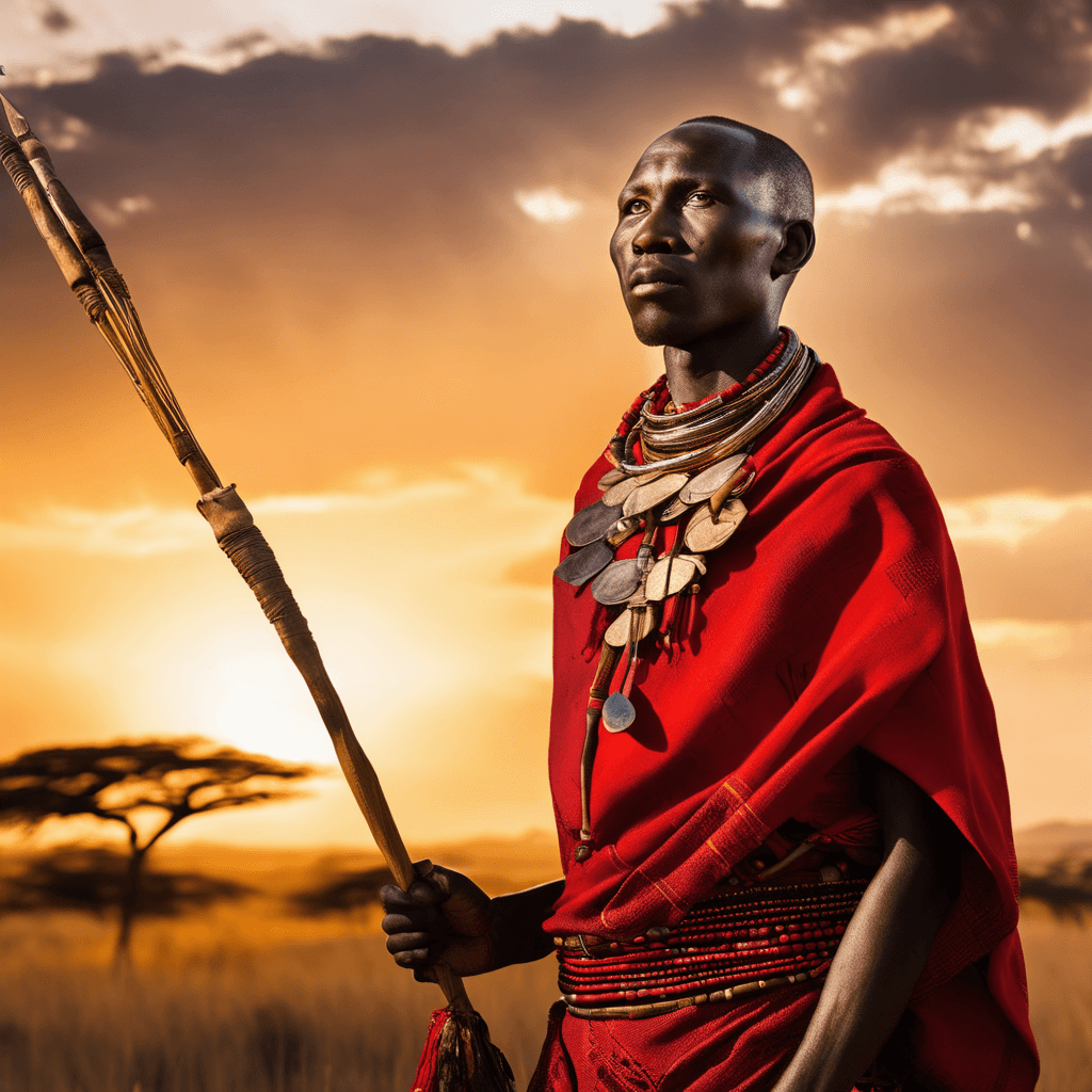 AI generated: A proud 30-year-old Maasai warrior, draped in traditional red attire and carrying a spear, embodies ...
