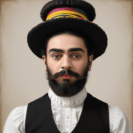 AI generated: A bearded strong handsome man, similar to a circus performer, painted in the style of Frida Kahlo, l...