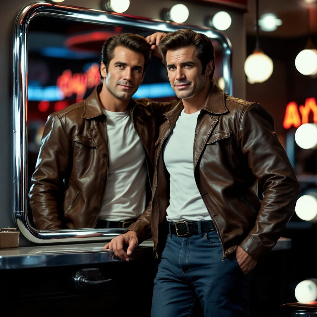 AI generated: A charismatic, cool man resembling the Fonz from *Happy Days* stands confidently in front of a mirro...