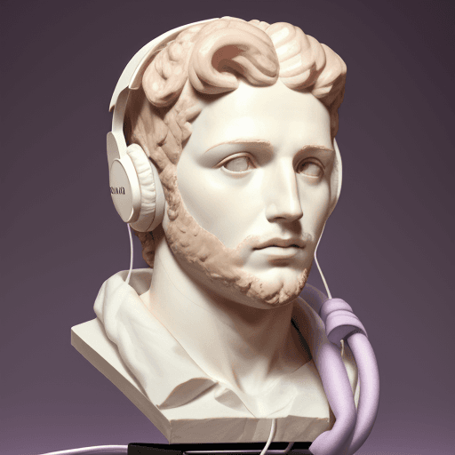 AI generated: Plaster head of David made of ham, headphones,  vr headset, on Doric order, purple background --ar 4...