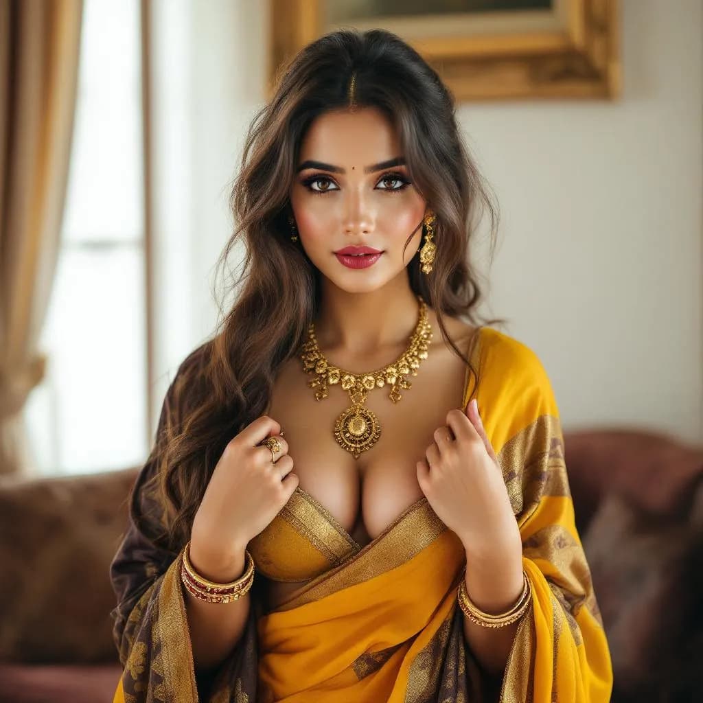 AI generated: Shraddha kapoor, 18-21 years old, brown hair, Indian hair style, mustered yellow saree, light gold c...