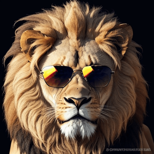 AI generated: The image features a lion wearing a pair of colorful sunglasses. The lion's face is prominently disp...