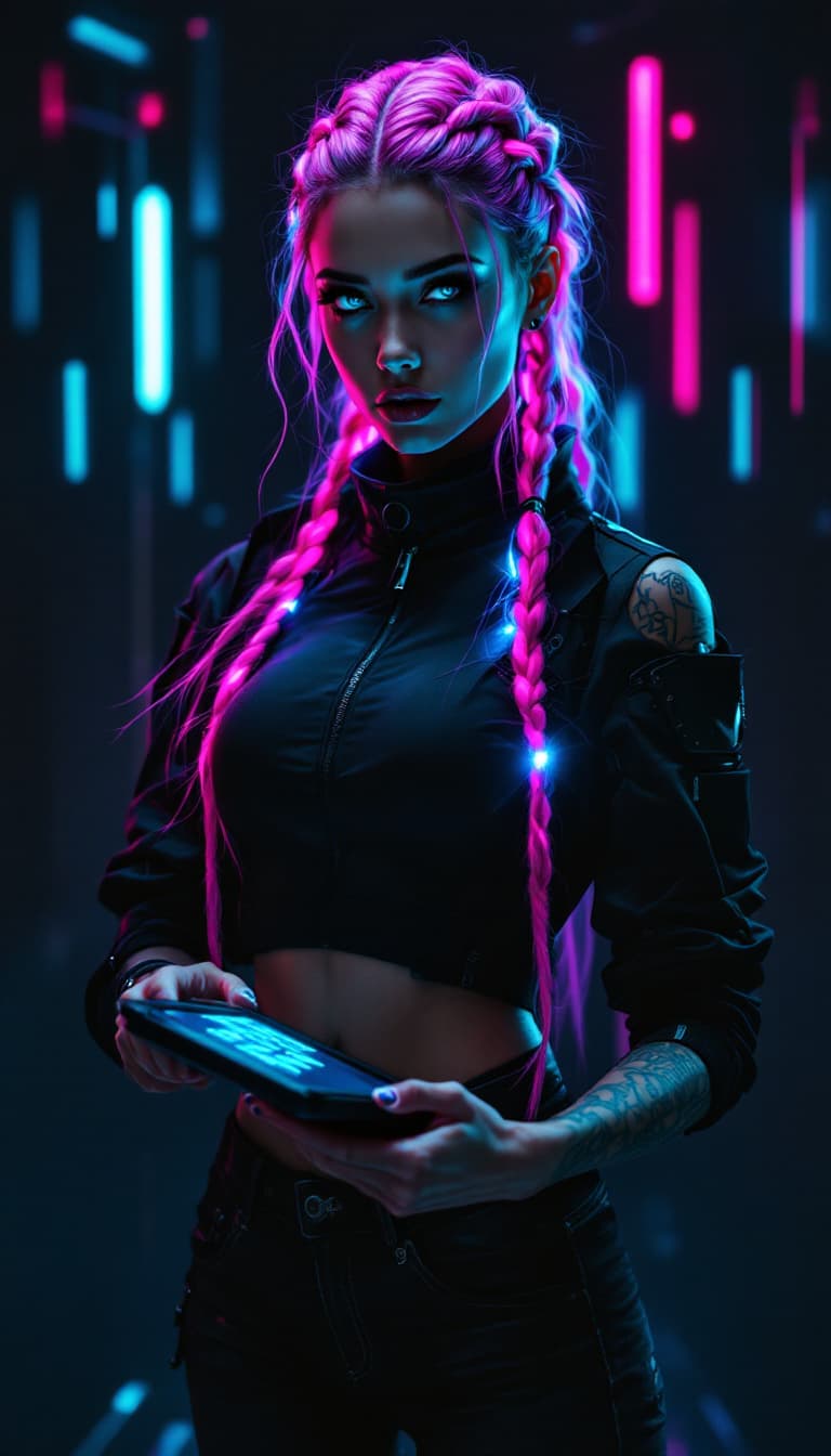 AI generated: A captivating cyberpunk hacker stands against a dark, gradient-black backdrop, with the glow of comp...