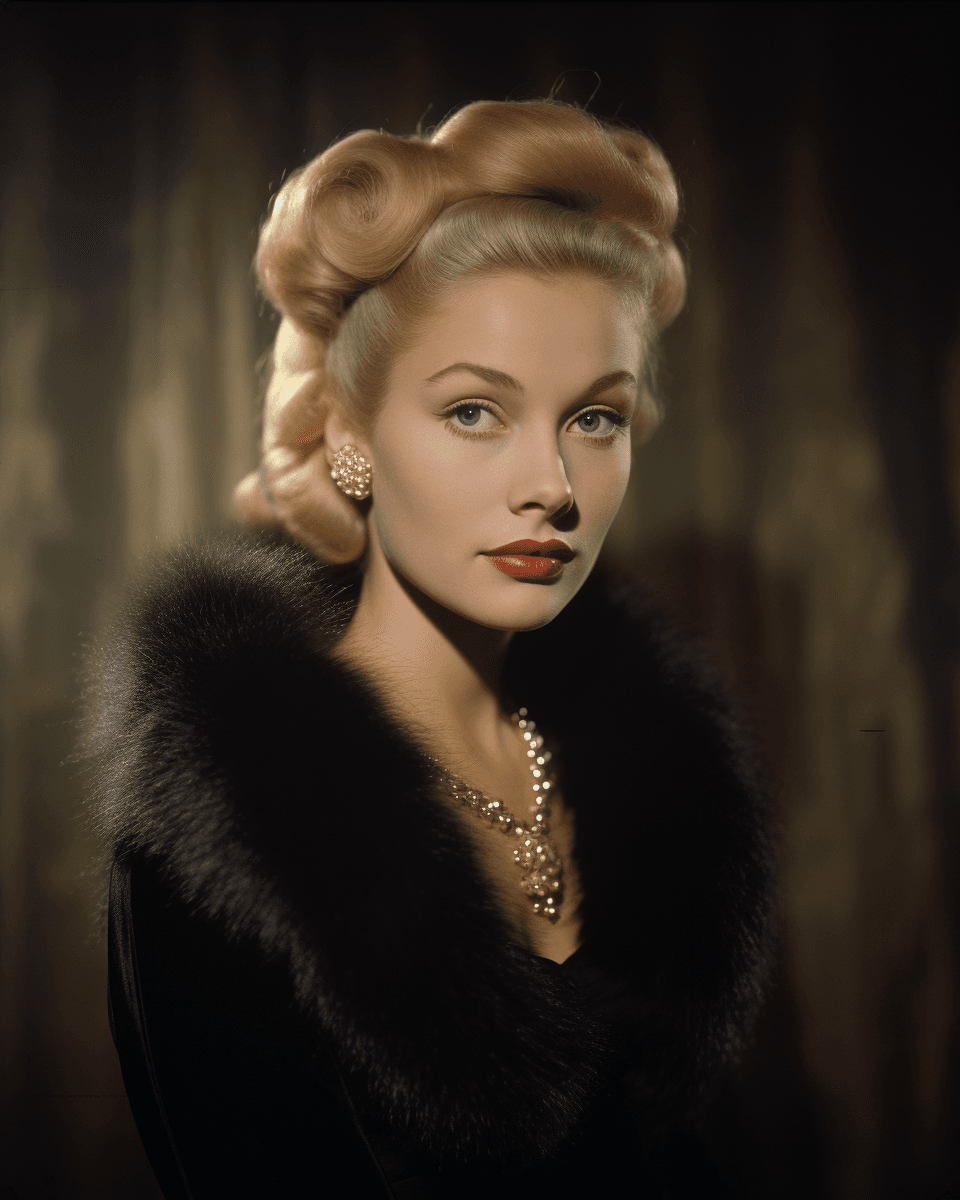 AI generated: vintage photo of an elegant blonde woman wearing fur and a pearl headband, facing the camera directl...
