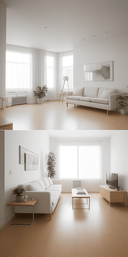 AI generated: photograph a minimalist small apartment living room as it's graced with the soft light of morning, t...