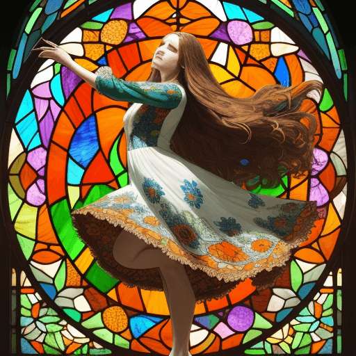AI generated: vibrant stained glass art piece of a woman with very long brown hair dancing in a field of stained g...