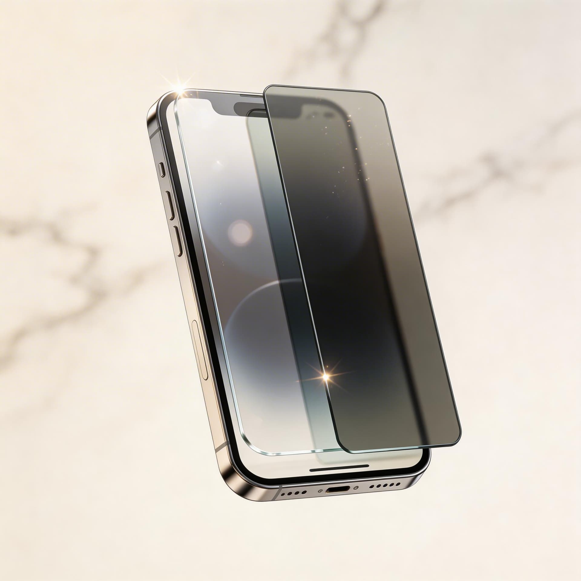 AI generated: ultra realistic smartphone similar to iPhone 17, elegant front-facing angle, a glossy privacy screen...