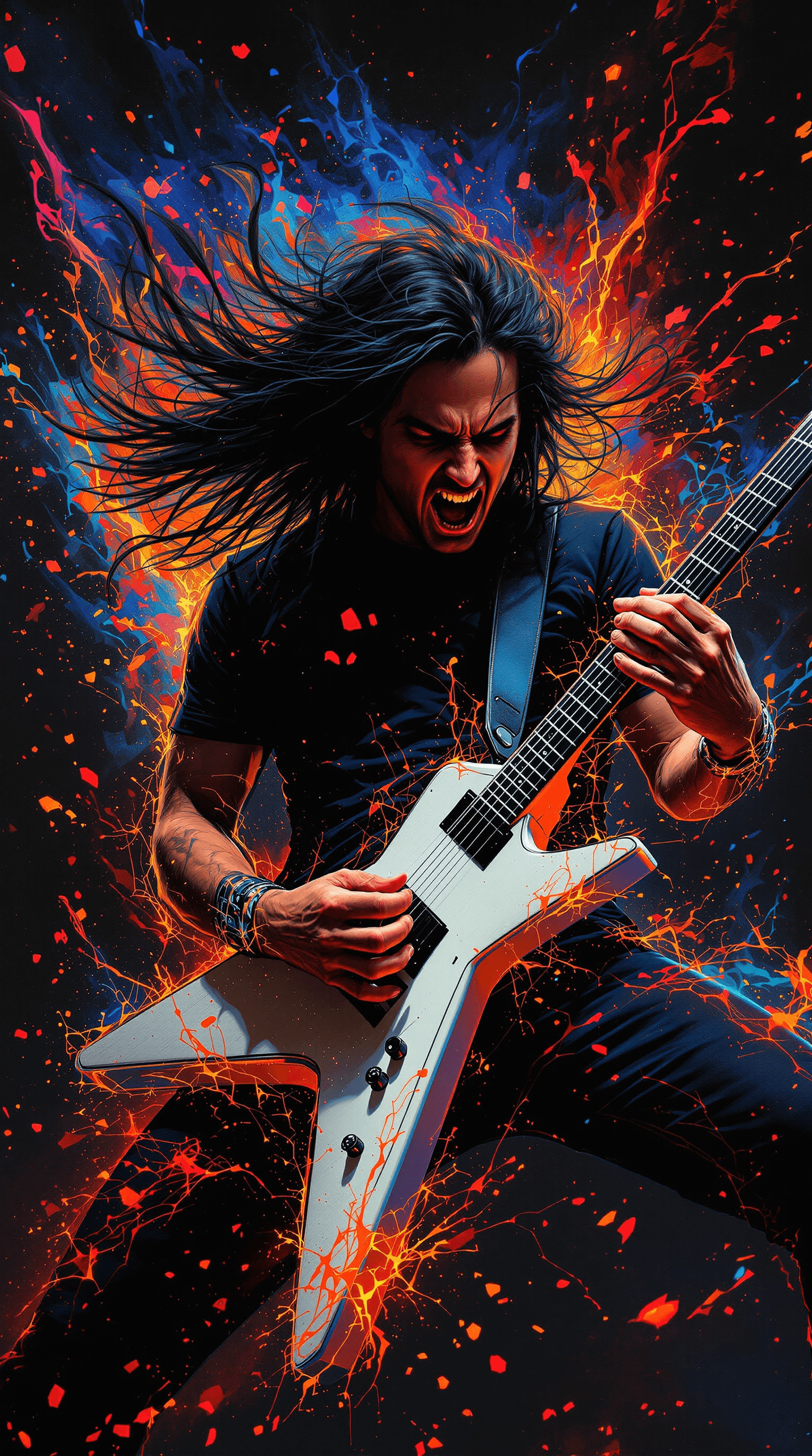AI generated: A high-speed, dynamic portrayal of a 30-something, medium-built guitarist reminiscent of Kirk Hammet...