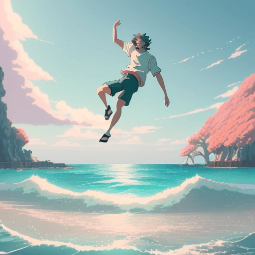 AI generated: make a landscape of a young man falling inside the sea, with pastel colors. Background with lights a...