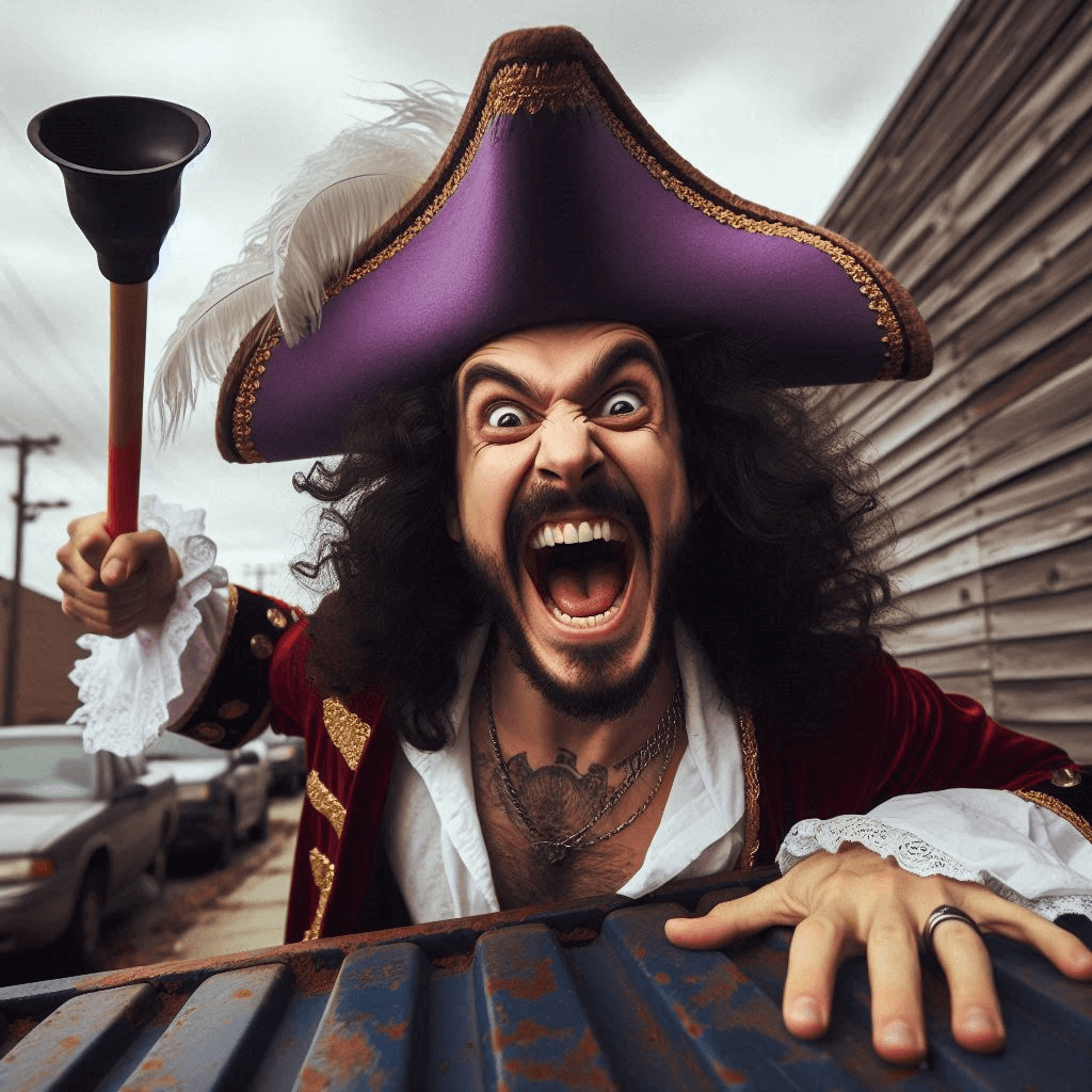 AI generated: Close-up professional cinematic photo of an angry laughing Spanish pirate with black curly hair in a...