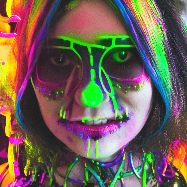 AI generated: Raver girl with a macabre twist. Imagine her as a vibrant mix of darkness and neon, a living contrad...