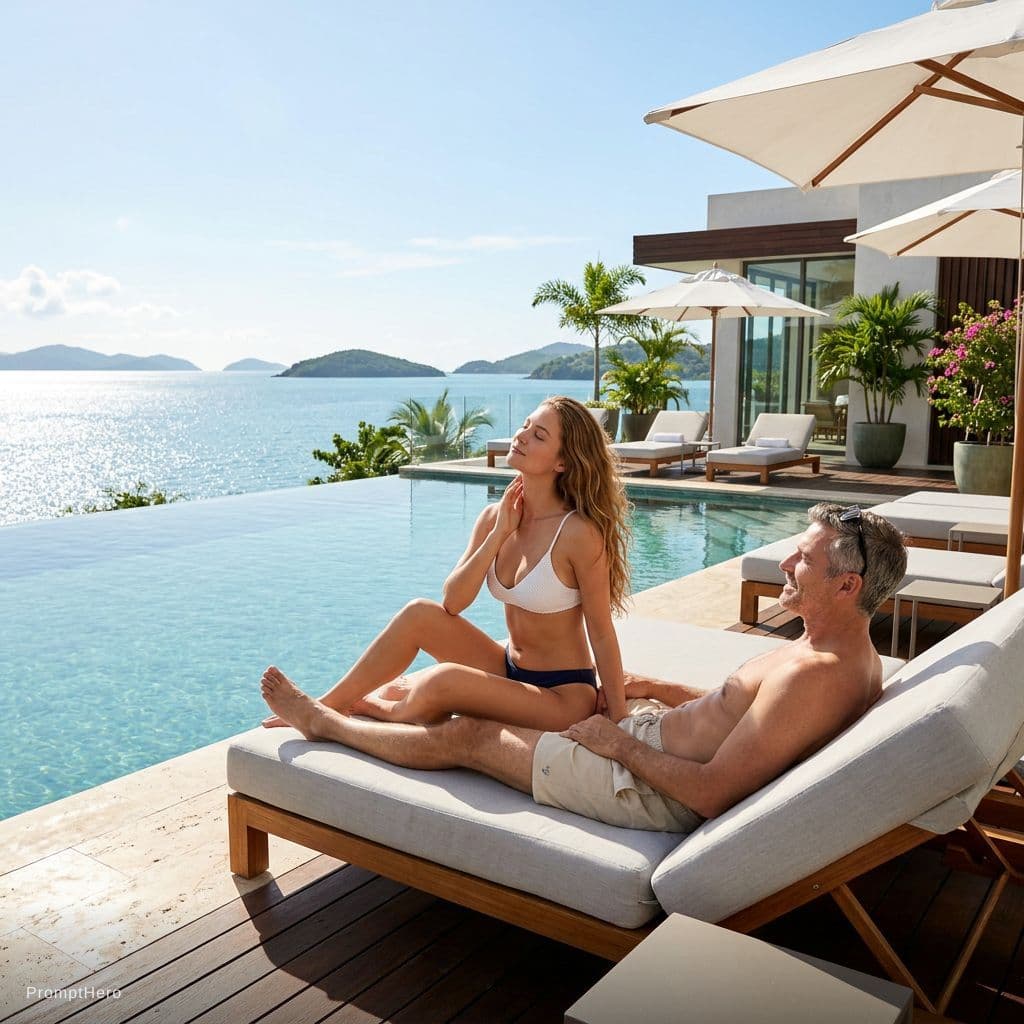 AI generated: A serene and luxurious scene at a seaside infinity pool overlooking a vast ocean with distant island...
