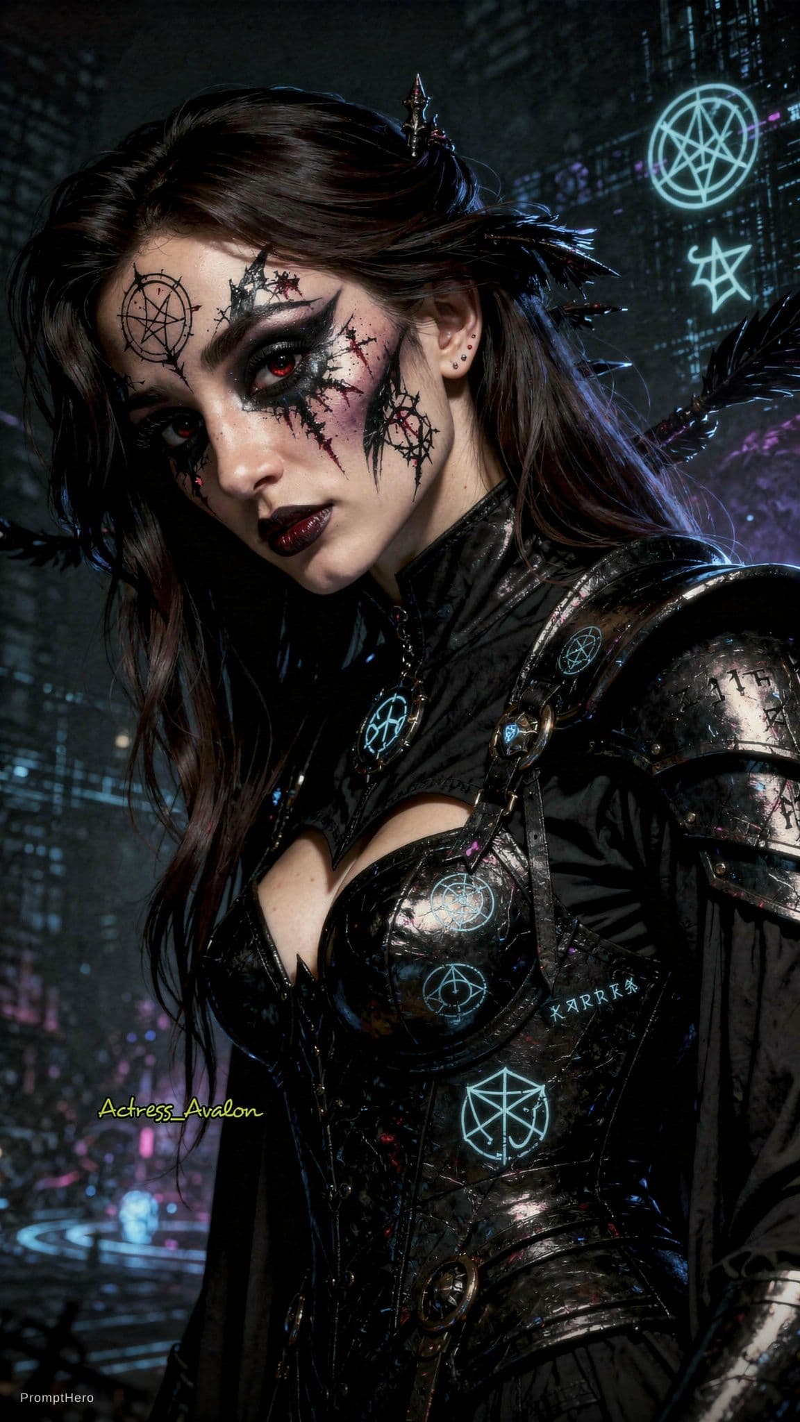 AI generated: Design a photorealistic portrait of a woman with dark makeup and makeup art, set in a dark concept a...