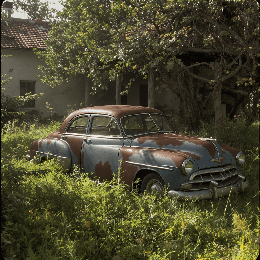 AI generated: A realistic Eastman Kodak 5294 photo of vintage, rusted blue car, positioned prominently in an overg...