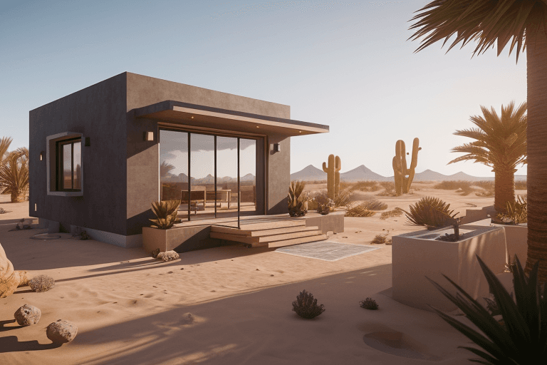 AI generated: very small modern villa, Arcade architecture, detailed, ultra-realistic, desert environment, unreal ...