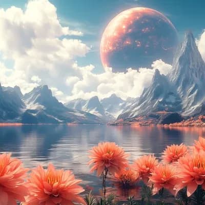 AI generated video: Camera pans from right to left across an alien landscape, water ripples and flowers move in the wind