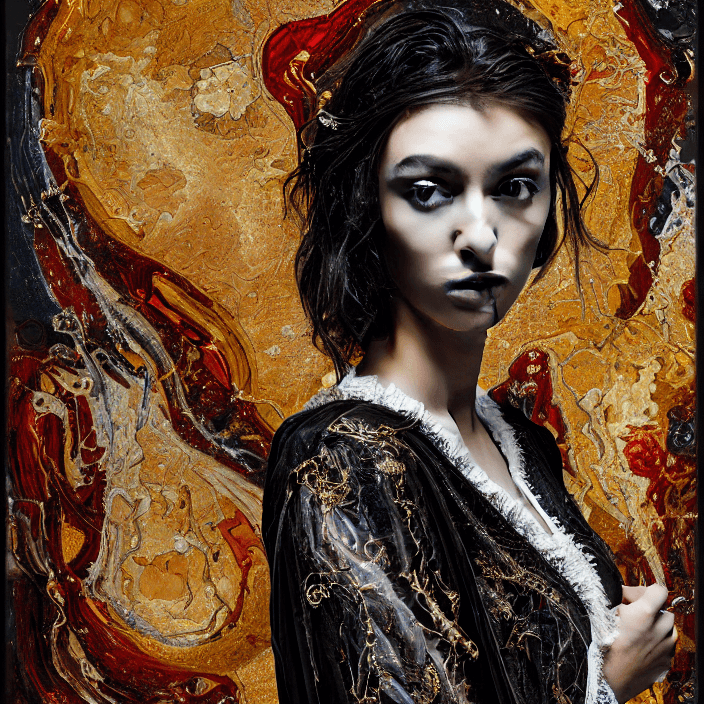 AI generated: Oil painting, high resolution 8k, Pollock master painter, Byzantine artwork, 
young lady close up bl...