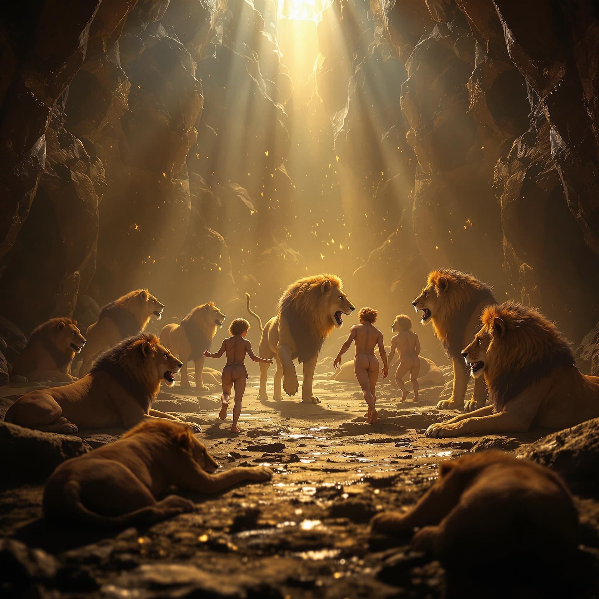 AI generated: imagine prompt: maximalist Daniel in the Lions Den - Briton Riviere, 7 lions where each one represen...