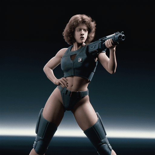 AI generated: Ellen Ripley from Aliens 1986,  stands and holding a M41A Pulse Rifle in her hands, fullbody, 1990 a...