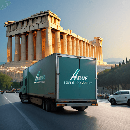 AI generated: High resolution photography, moving company, logo is celebrity, moving truck in front of athens part...