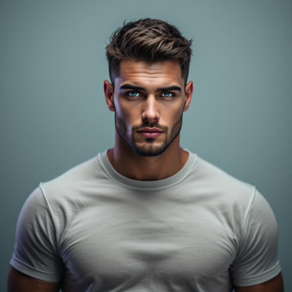 AI generated: Photorealistic image of man with beautiful face, with bright blue eyes and long eyelashes, wearing a...