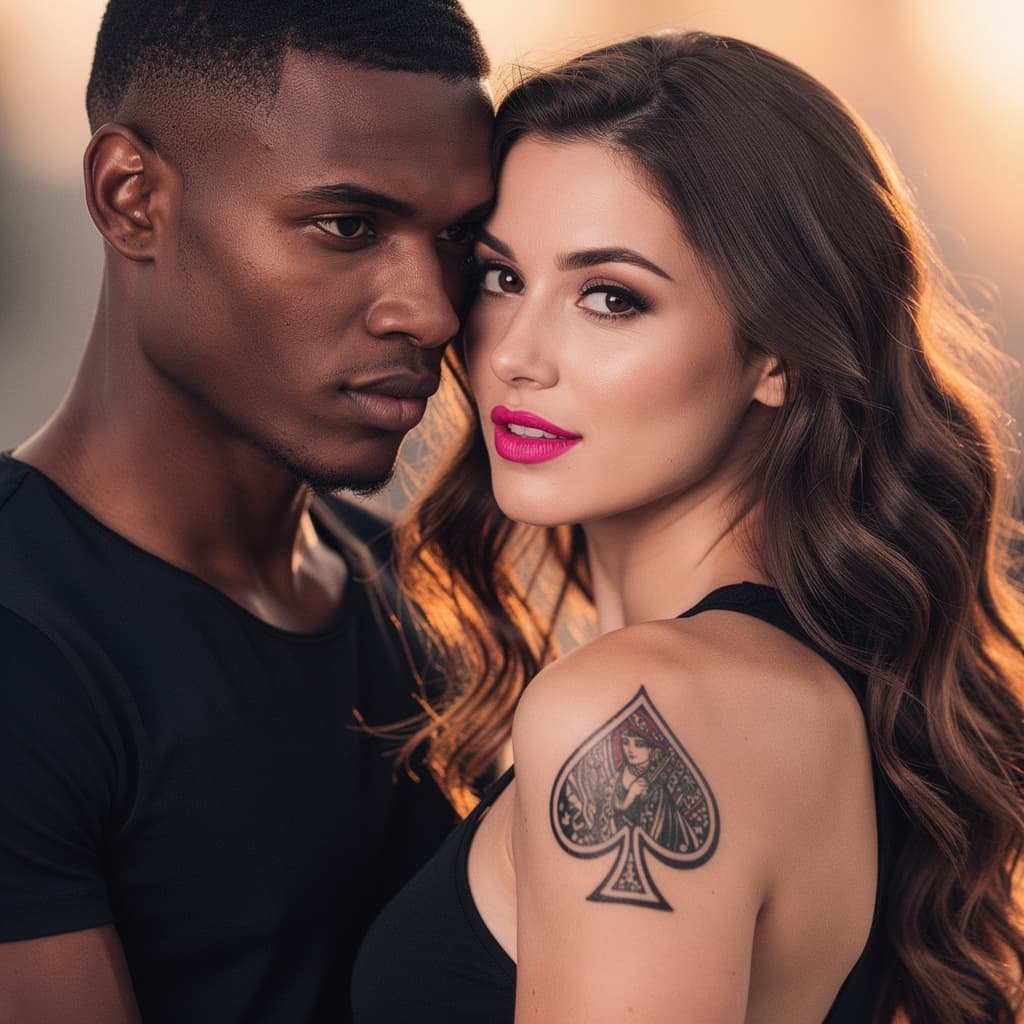 AI generated:  interracial lovers the black man  clean shaven and handsome, and the woman a brunette with naturall...