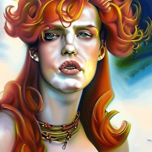 AI generated: red headed female amazon warrior, upturned eyes, wide lips, freckles, athletic and petite body, inve...