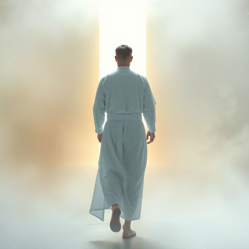 AI generated: A fine art, hyper-realistic, cinematic image of a man wearing a white long cotton robe with a sash  ...