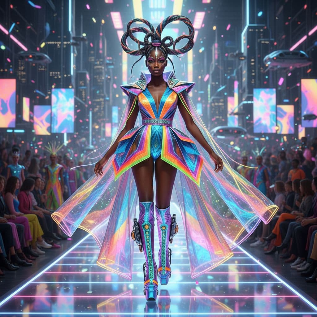 AI generated: African American LADY IN FASHION SHOW IN THE YEAR 3120, VIVID COLORS

