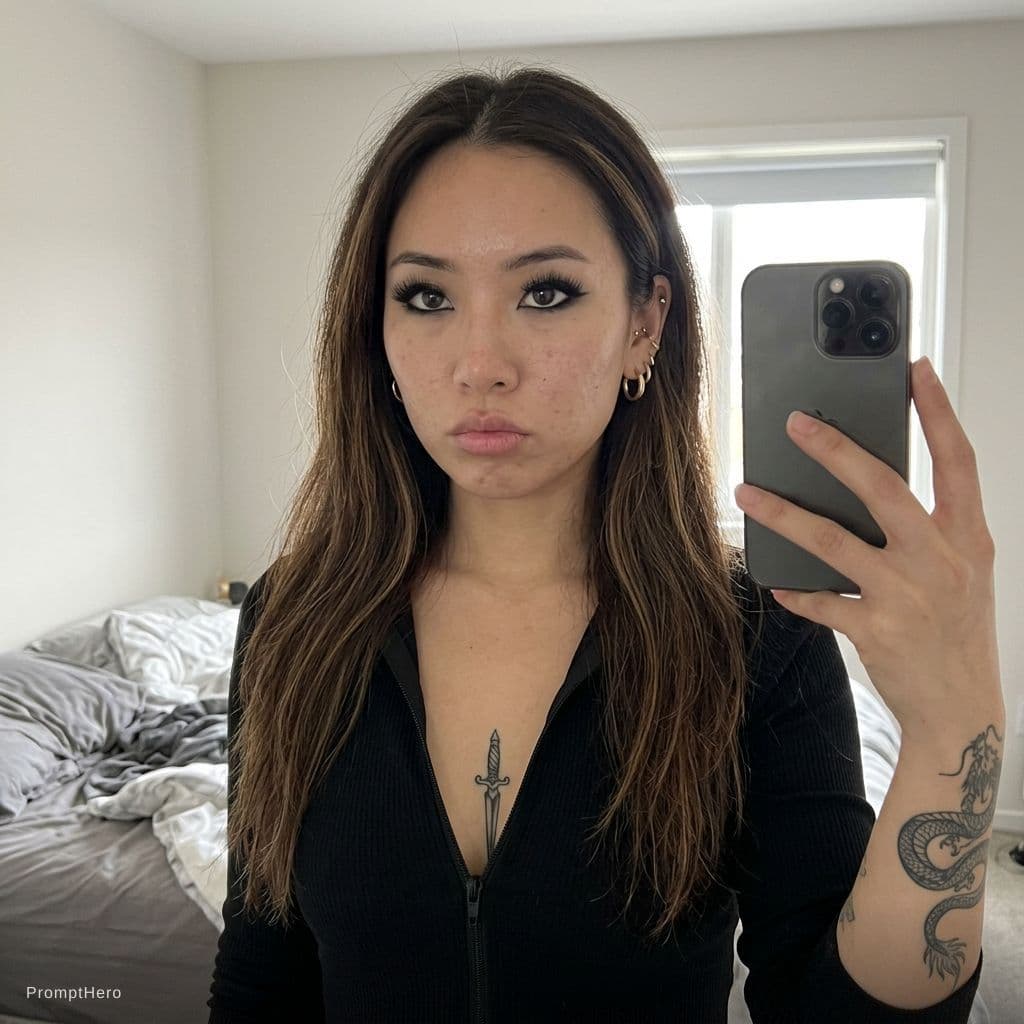 AI generated: Candid iPhone front camera selfie of Aera Sol Williams, a 24-year-old mixed East Asian (Korean) and ...