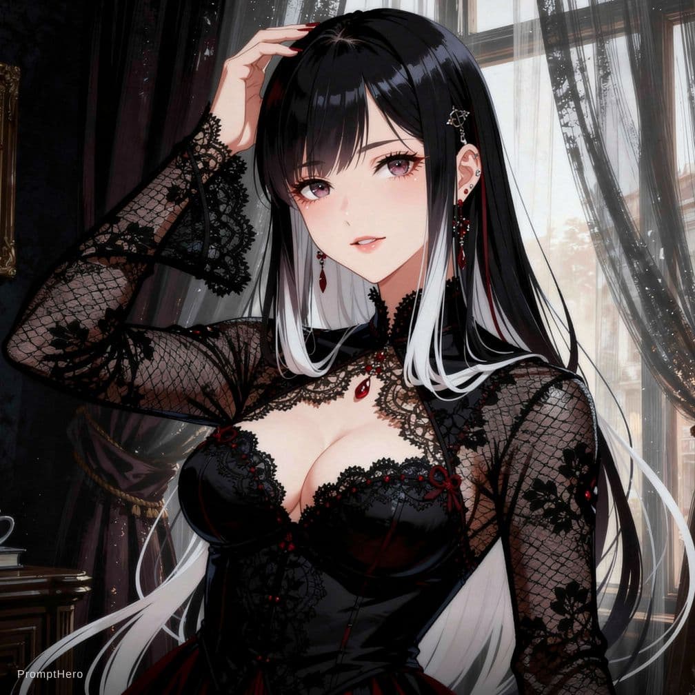 AI generated: A stunning anime-style female character with long, flowing black and white hair, wearing elegant bla...