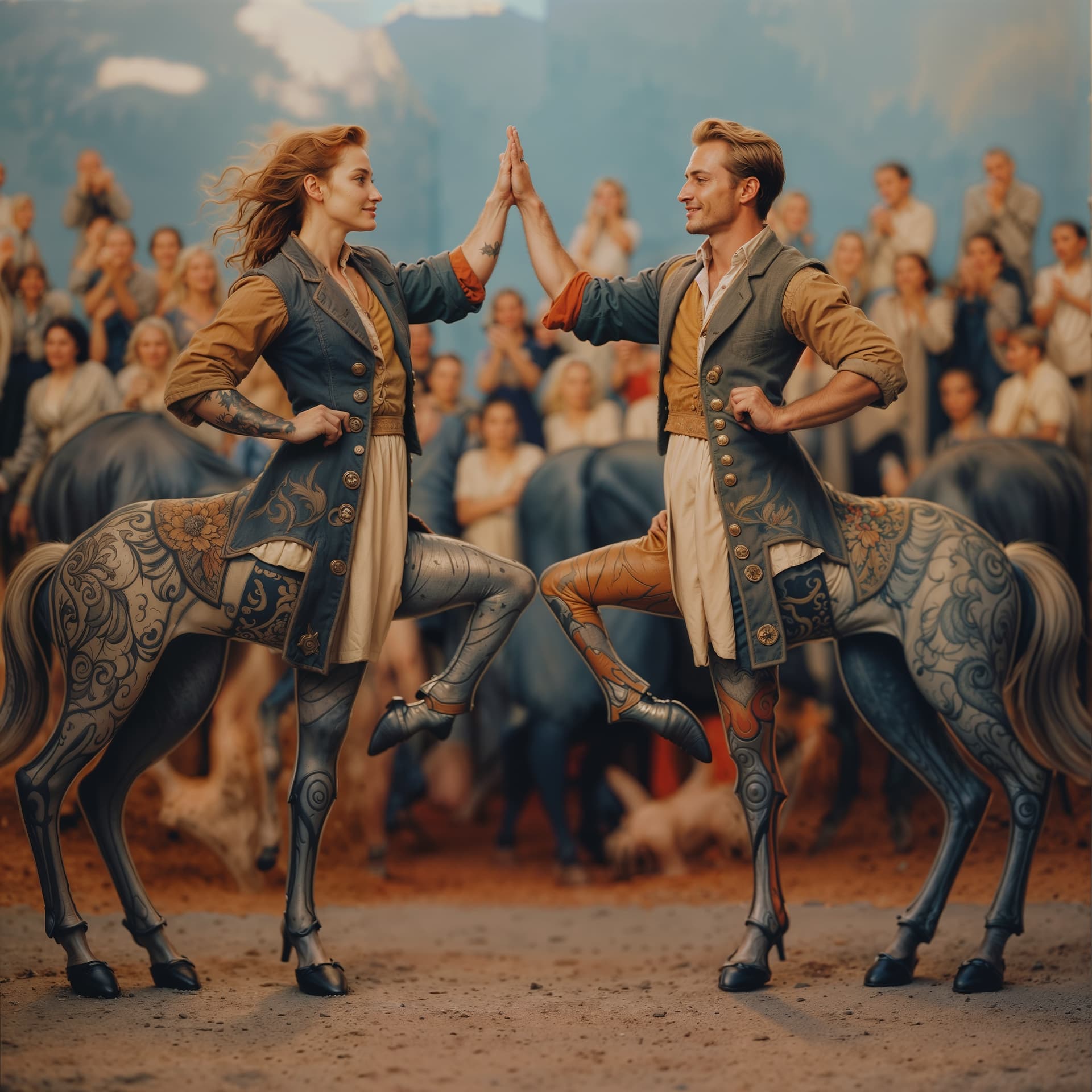 AI generated: TWO Centaurs giving each other a high five, simple and elegant fantasy, wearing majestic old time cl...