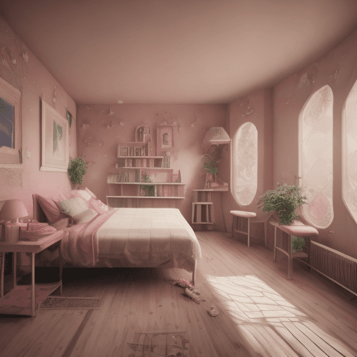 AI generated: girls nude, Candy themed anime girl, high ceiling, beige blue salmon pastel palette, interior design...