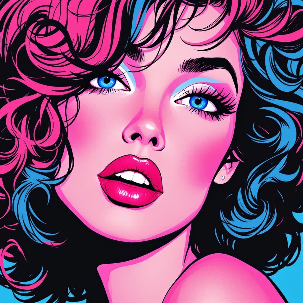 AI generated: A vibrant portrait of a woman with curly hair, in the style of pop art, bold and vivid colors, pink,...