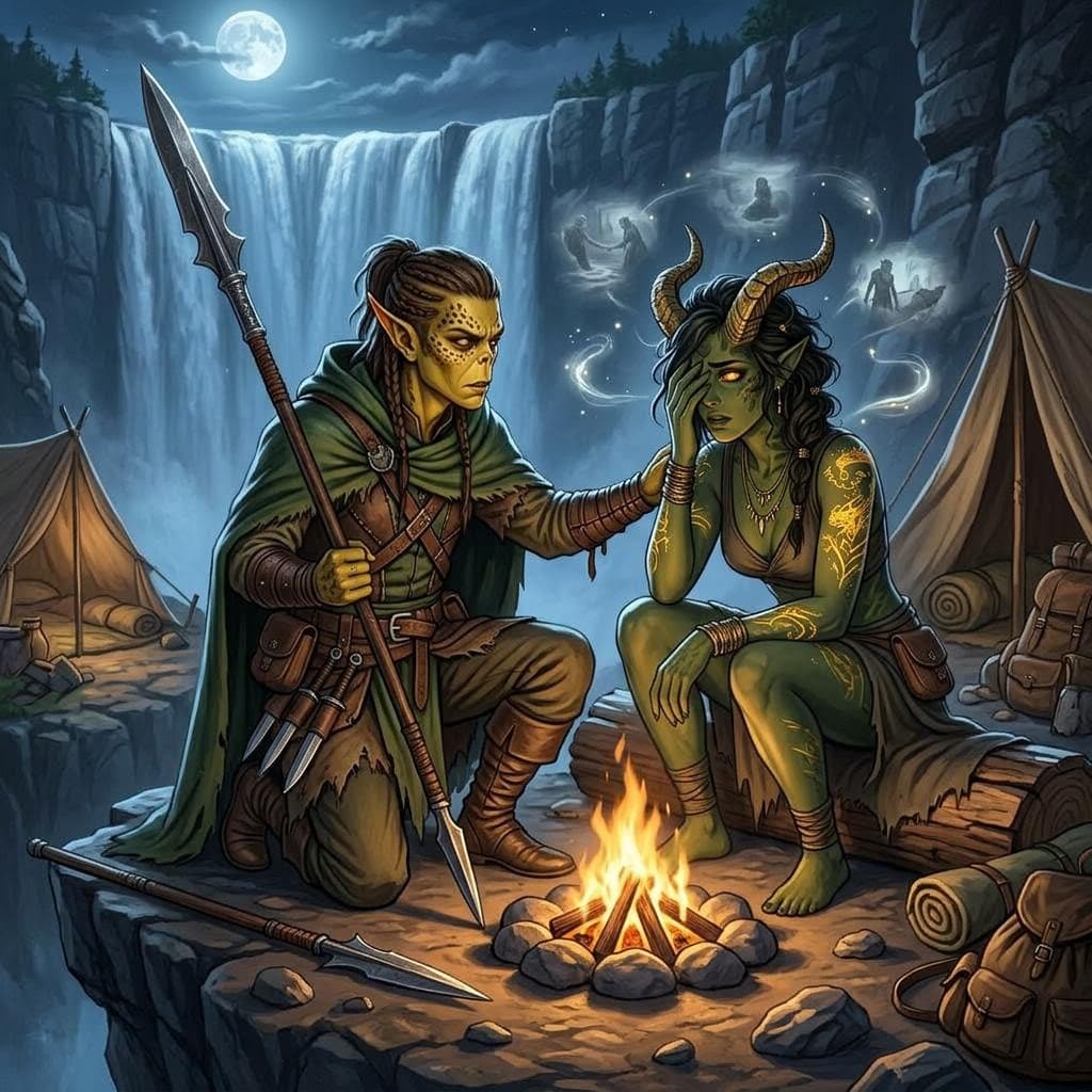 AI generated: a githzerai male ranger tries to comfort a green female tiefling that is having visions of the futur...