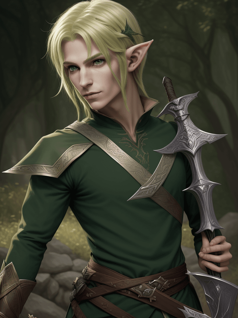 AI generated: a close up of a person with green eyes and a sword, a portrait of a male elf, a portrait of an elf, ...