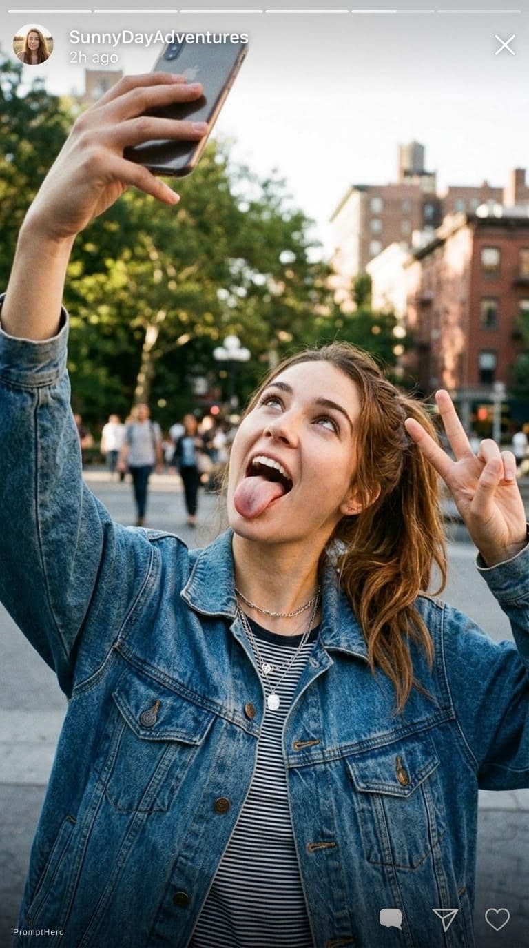 AI generated: upturned gaze, mouth wide open and tongue sticking out, hands making a V sign, Instagram selfie
