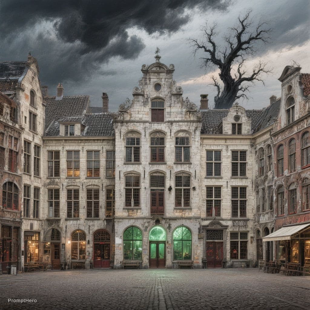 AI generated: 17th-century Dutch town square at twilight, detailed architectural style of Pieter Jansz Saenredam, ...