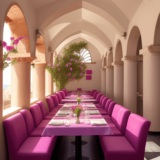 AI generated: Big Greek vibe restaurant modern style 5 stars restaurant with fuchsia flowers and indirect light in...