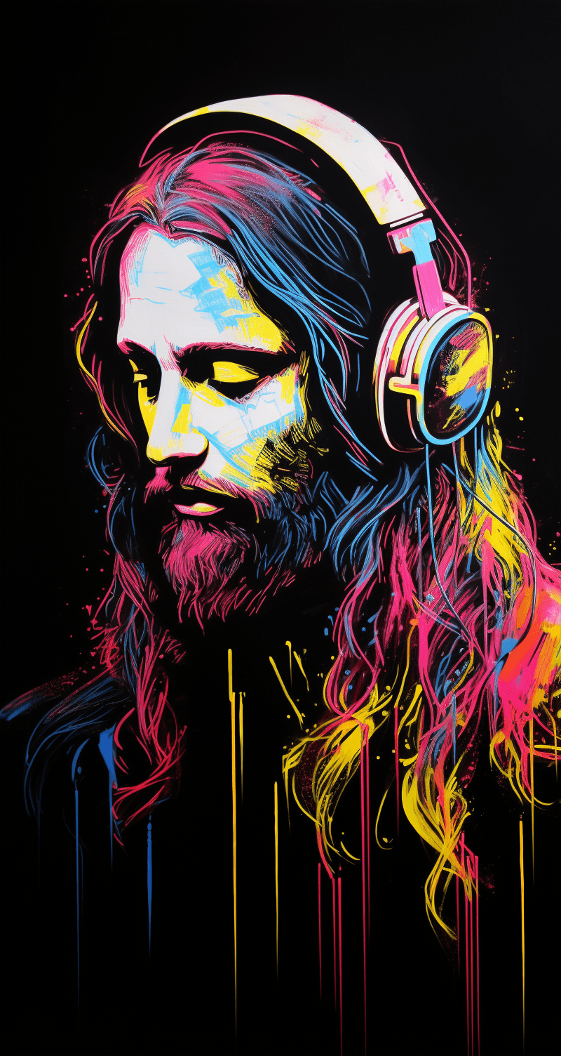 AI generated: [jesus] wearing headphones, drawn with white ink on black paper --ar 8:15 --stylize 50 --v 5.2