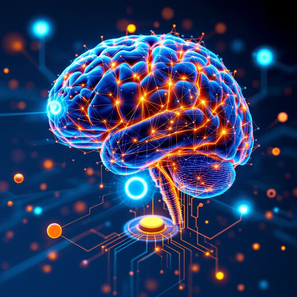 AI generated: make a 3D image illustrating a brain connected to computational circuits