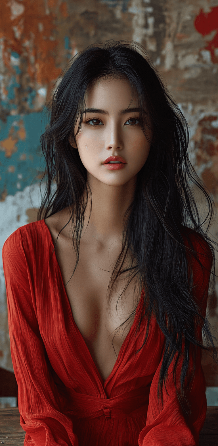AI generated: A photo of stunning Asian model with long black hair, sitting a table wearing an oversized red shirt...