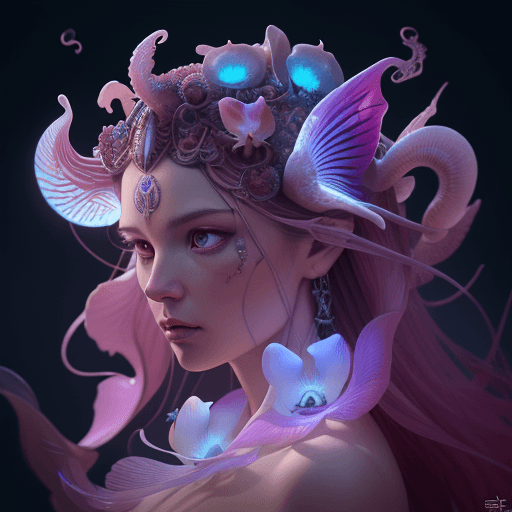AI generated: Goddess close-up portrait ribcagel. jellyfish phoenix head, nautilus, orchid, skull, betta fish, bio...