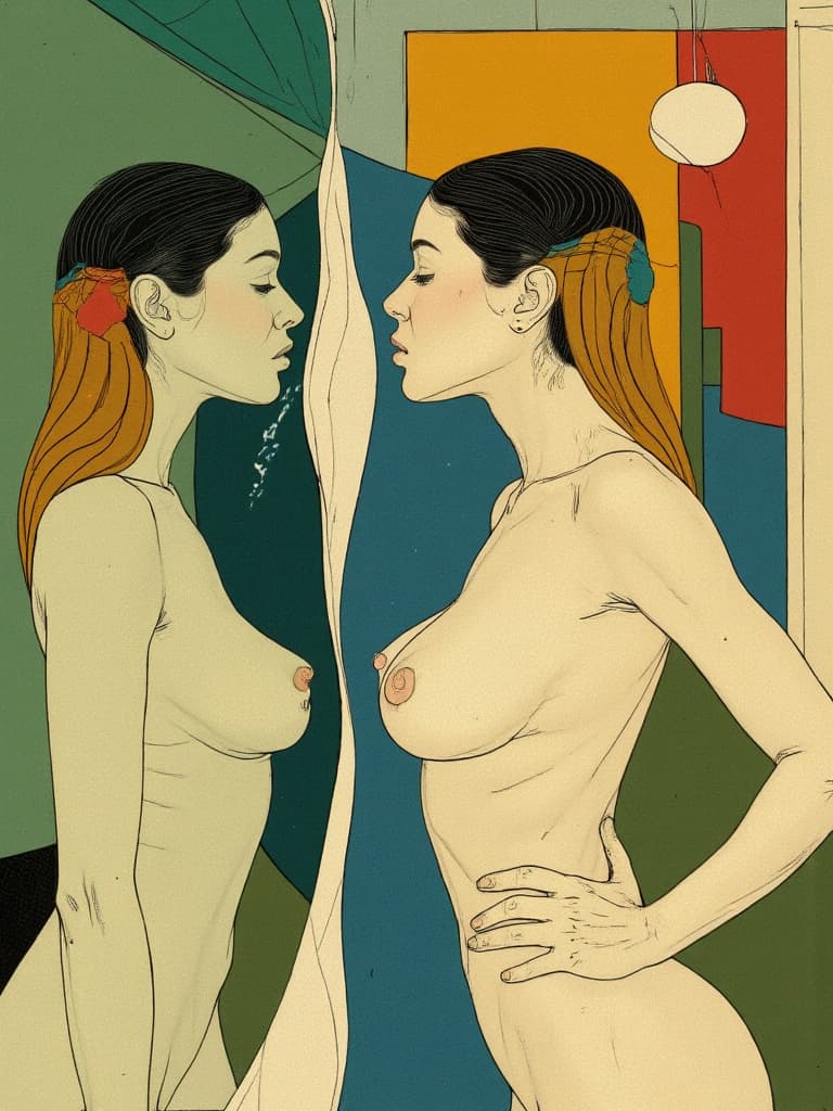 AI generated: A striking and surreal Picasso-inspired illustration capturing a woman in love with her own reflecti...