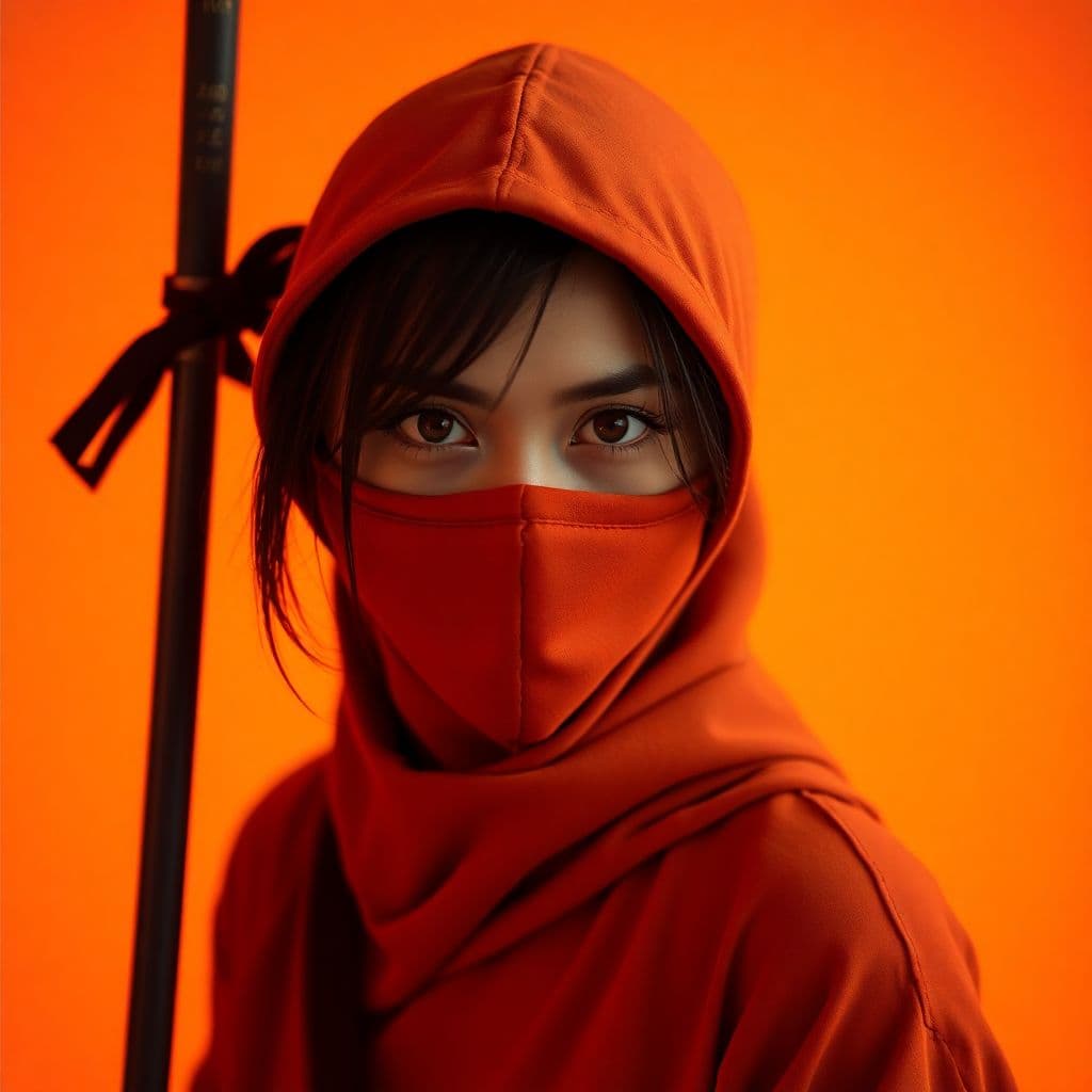 AI generated: photography, orange hue, Ninja Gaiden woman model, solid orange backdrop, using a camera setup that ...