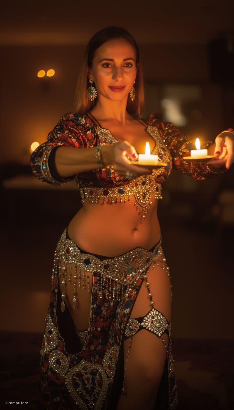 AI generated: 🔹 General Belly Dance Prompt:
"A stunning belly dancer performing with candle-lit props, the warm g...
